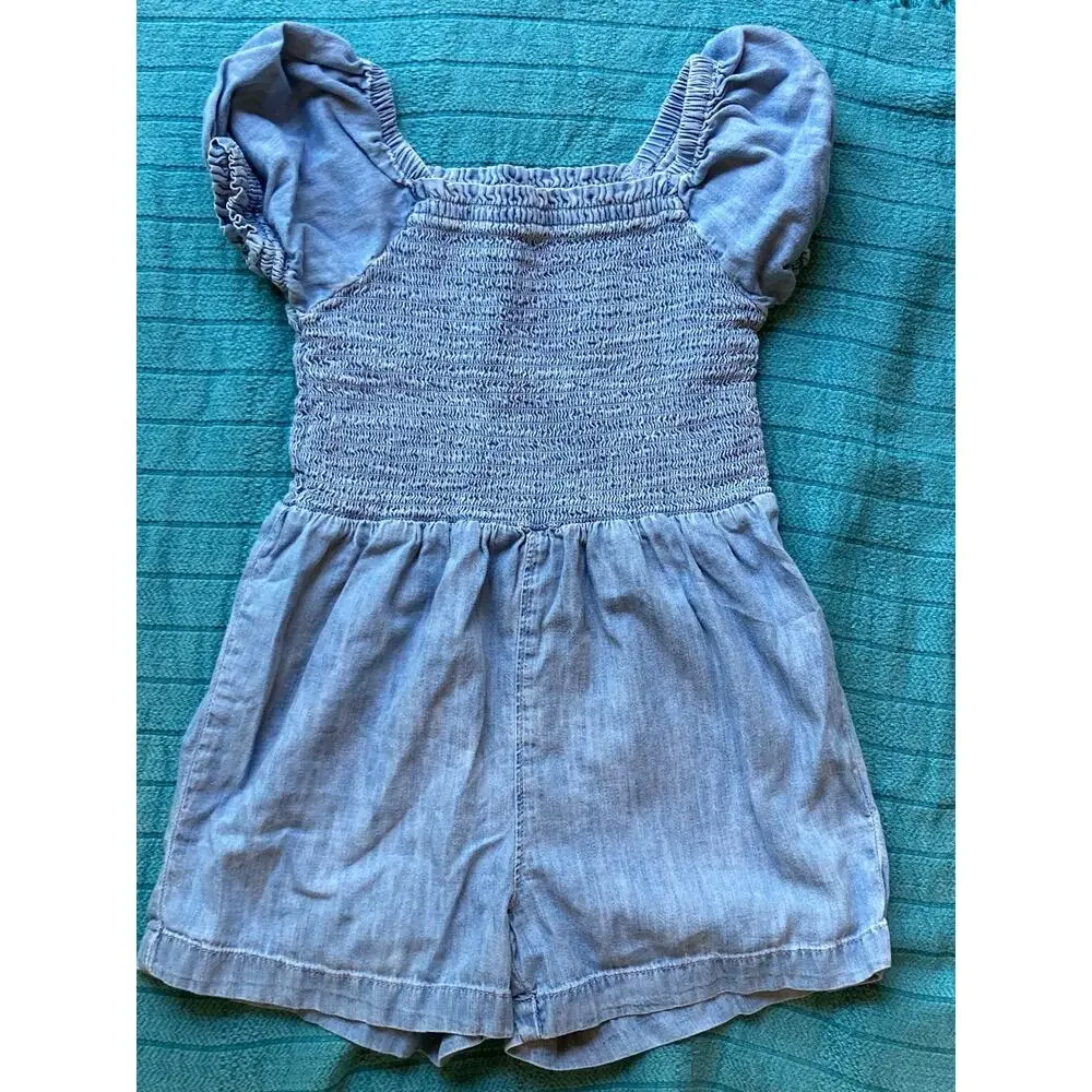 Gap Sz S Girls Denim Romper Sweet Smocked Puff Sleeves Adorable